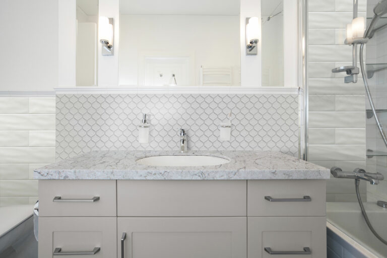 Bathroom Remodel - Pental Lantern Glass Mosaic Fawn Backsplash, Argento Scaled