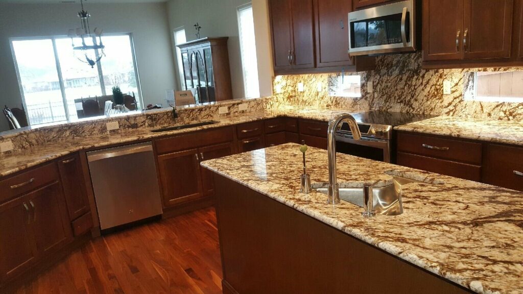 Granite countertops with dark wood cabinets.