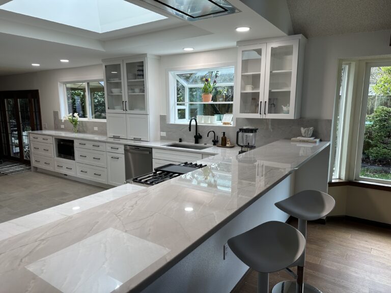 The finished product! A beautiful White Santorini quartzite countertop.