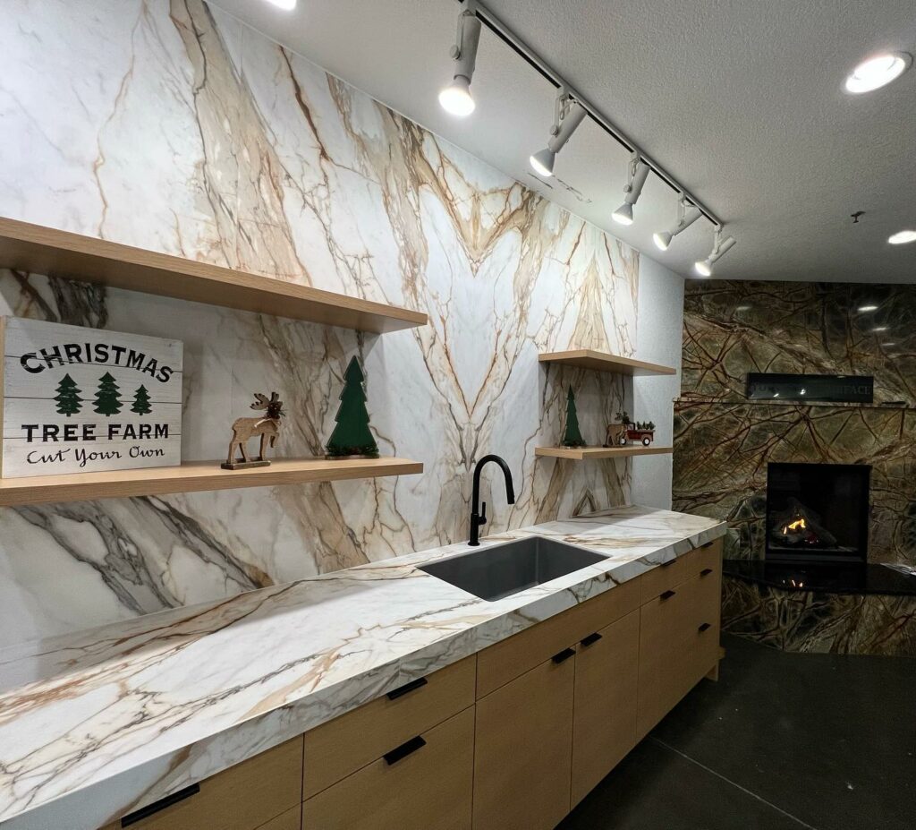 Porcelain Showroom Bookmatched Countertop with full height backsplash