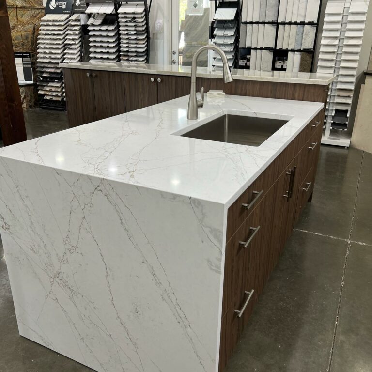 White quartz from MSI with a waterfall edge at the Tops Showroom in Lacey