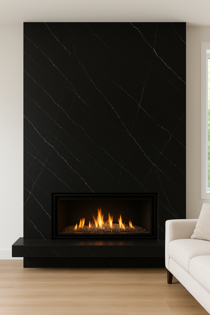 Modern fireplace surround made of black porcelain with white veining in a minimalist living room