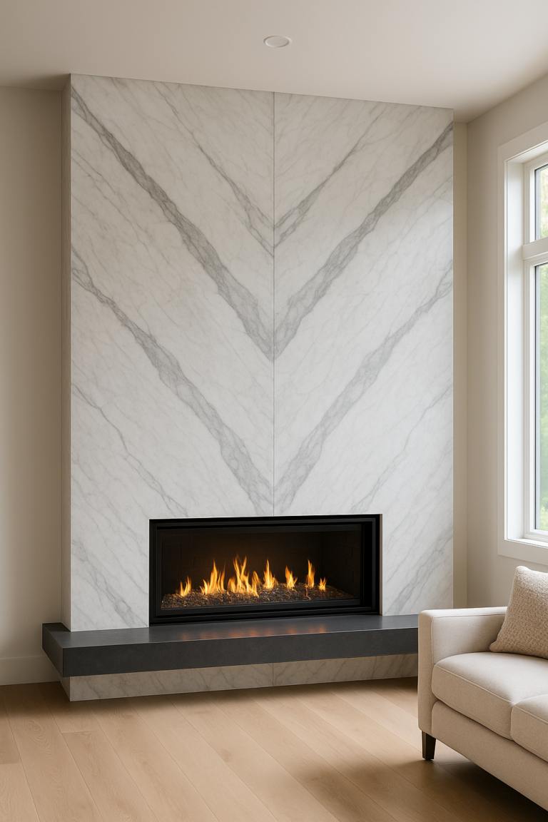 Modern porcelain slab fireplace surround with bookmatched veining in living room