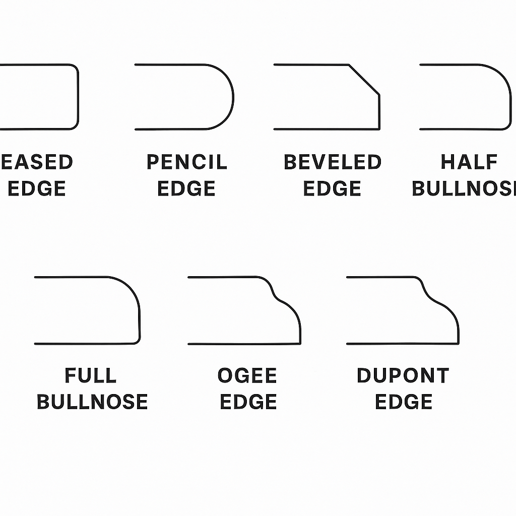 Black and white diagram showing seven common countertop edge profiles: eased edge, pencil edge, beveled edge, half bullnose, full bullnose, ogee edge, and Dupont edge.