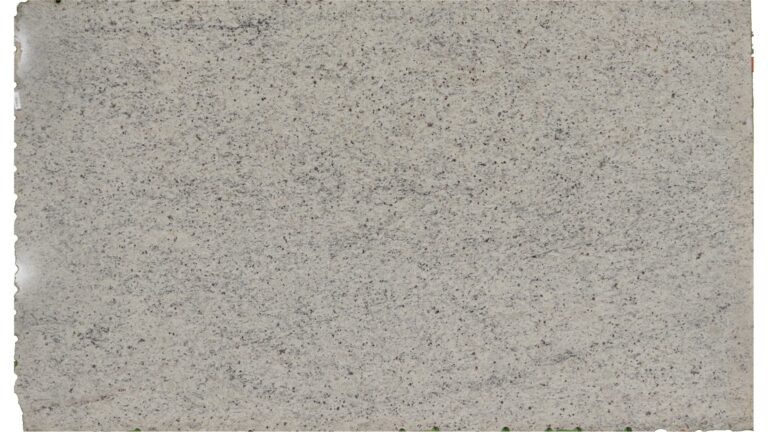 Close-up of a Dallas White granite slab showing its soft white background with subtle gray veining and burgundy specks.