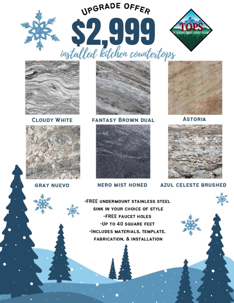 Installed kitchen countertop deals from TOPS Countertops, including a $1999 Winter Sale on granite and quartz, and a $2999 upgrade offer on natural stone options like Fantasy Brown and Cloudy White.