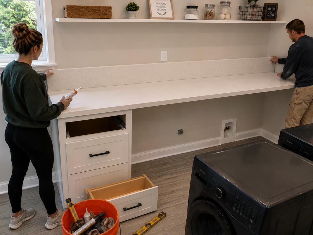 Couple installing prefabricated laundry top 1