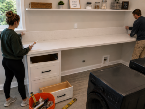 Couple installing laundry countertop together.