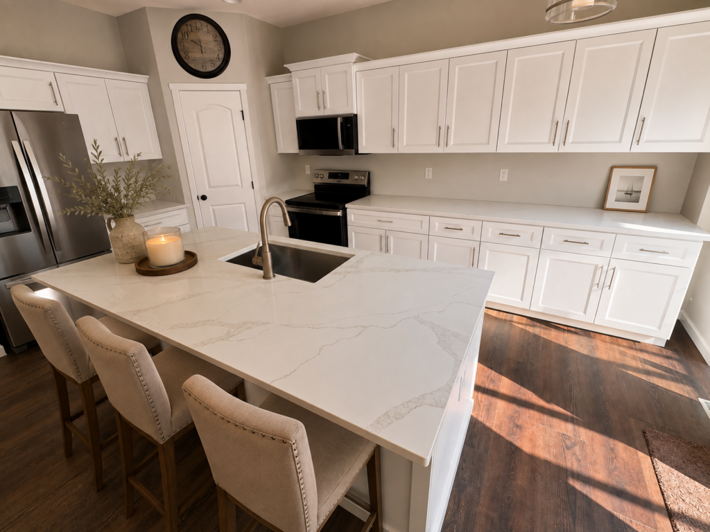 Modern kitchen with white countertops and white cabinetry