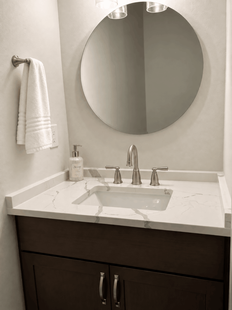 Calacatta Laza quartz bathroom vanity top with an undermount sink on a dark wood cabinet