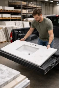 Customer loading a white prefabricated vanity countertop with sink cutout into a truck bed at a warehouse