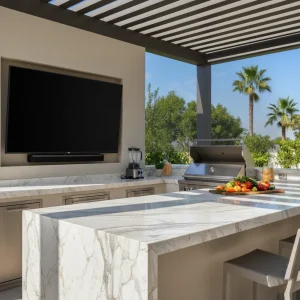 Outdoor kitchen with a white quartzite waterfall island, built-in grill and TV under a pergola
