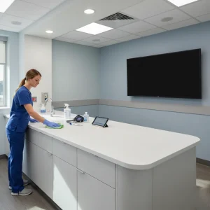 Durable quartz countertops installed at a hospital nurse station.