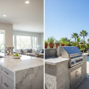 Split image of a white marble indoor kitchen countertop and a granite outdoor grill island