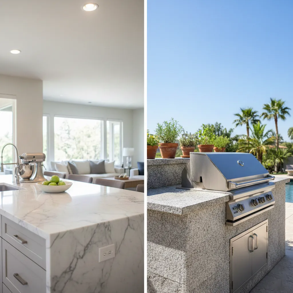 Split image of a white marble indoor kitchen countertop and a granite outdoor grill island