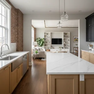 White quartz kitchen island and countertops with gray veining, oak cabinets and exposed brick wall