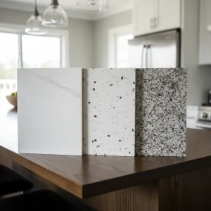 Side-by-side samples of white porcelain, speckled quartz and black and white granite on a wood counter