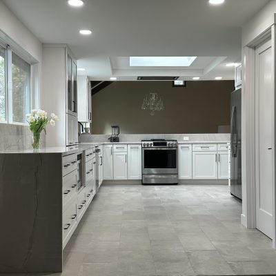 White Santorini quartzite countertops for a kitchen.