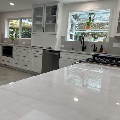 Sealed White Santorini quartzite countertops for a kitchen.