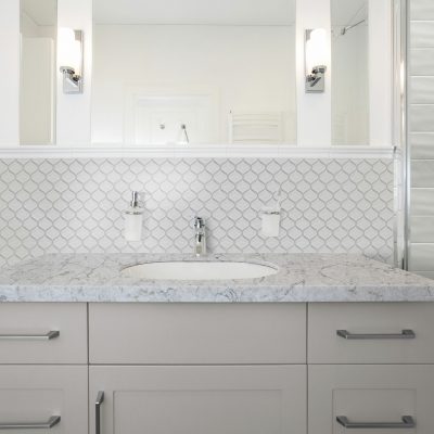 Bathroom Remodel - Pental Lantern Glass Mosaic Fawn Backsplash, Argento Scaled