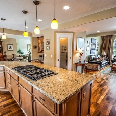 Granite Countertops in natural wooden kitchen.